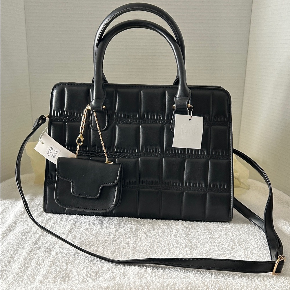 Faux Leather Top Handle Crossbody Bag with Mini Bag Color: Black New